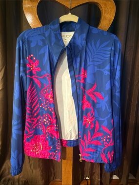 Lilly Pulitzer full zip Jacket with navy discus Hot Pink Floral Print Large